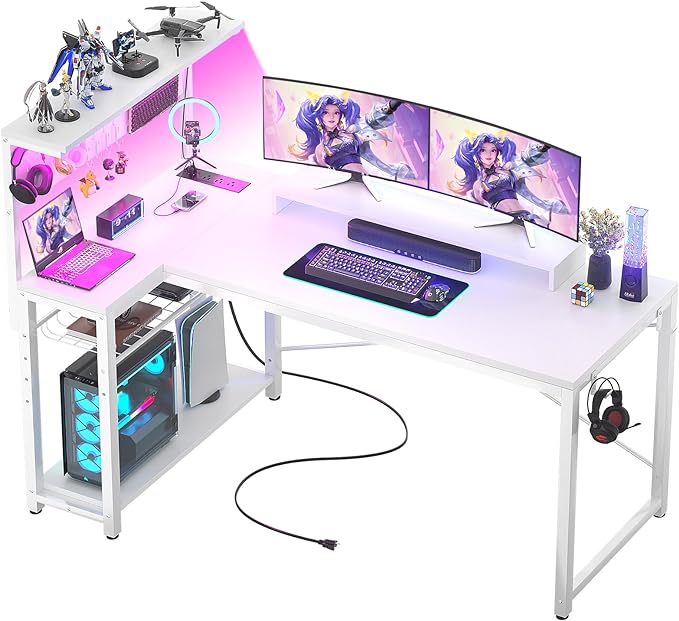 Homieasy Small Gaming Desk with Power Outlets Pegboard LED Light, 51 Inch L Shaped Computer Desk with Monitor Stand Storage Shelves, Reversible Corner Desk with Headset Hooks, White - LeafyLoom