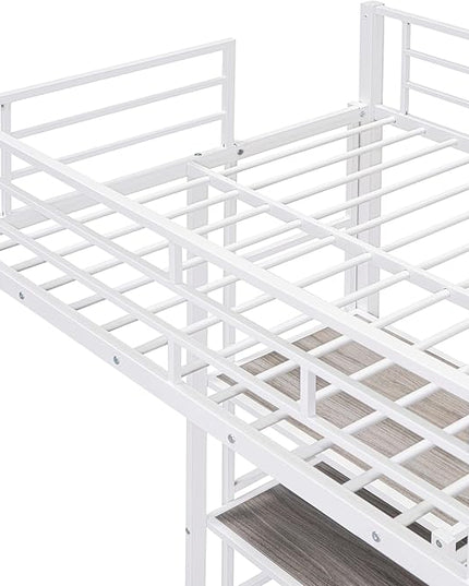 RITSU Twin Size Loft Bed, Heavy Duty Metal Bedframe with Desk and Whiteboard, 3 Big Shelves The Storage Space, Sturdy Construction, for Children's Room, Teens, White - LeafyLoom