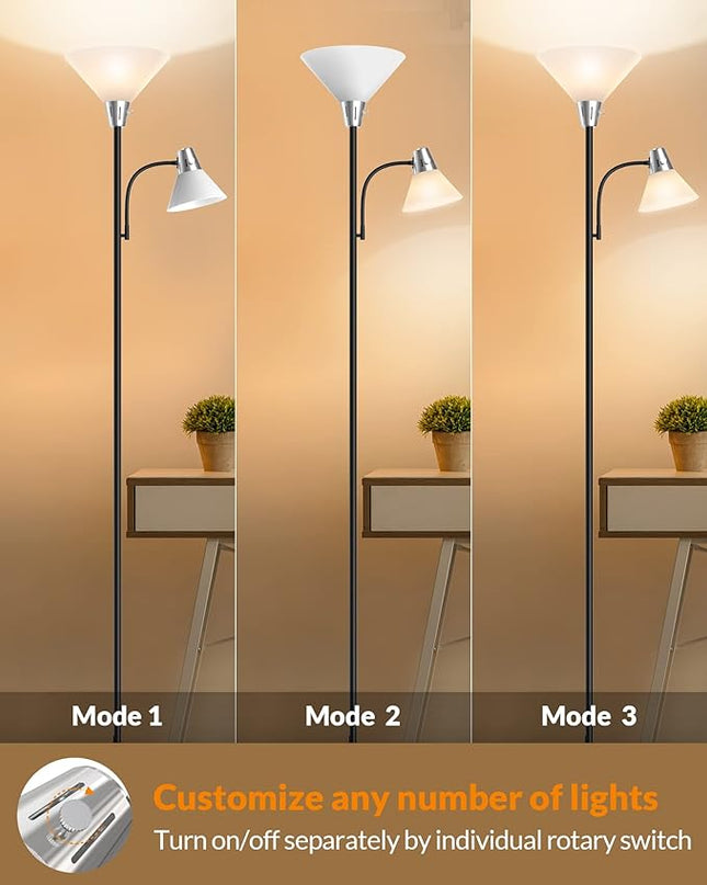 LEPOWER Floor Lamp, Standing Lamp with Replaceable 3000K Energy-Saving LED Bulbs,9W Lamp for Living Room with 5W Adjustable Reading Light, Modern Bright Floor Lamp for Bedroom, Living Room, Office - LeafyLoom