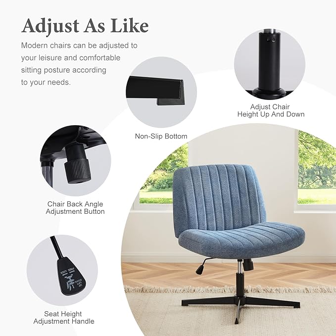 Sweetcrispy Criss Cross Chair Legged, Armless Office Desk Chair No Wheels, Swivel Vanity Chair, Height Adjustable Wide Seat Computer Task Chair, Fabric Vanity Modern Home Chair Blue - LeafyLoom