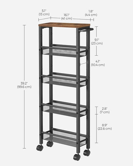 VASAGLE Slim Rolling Cart, 5-Tier Storage Cart, Narrow Cart with Handle, 5.1 Inches Deep, Metal Frame, for Kitchen, Dining Room, Living Room, Home Office, Rustic Brown and Black ULRC034B01 - LeafyLoom