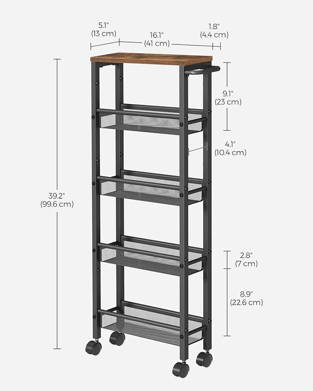 VASAGLE Slim Rolling Cart, 5-Tier Storage Cart, Narrow Cart with Handle, 5.1 Inches Deep, Metal Frame, for Kitchen, Dining Room, Living Room, Home Office, Rustic Brown and Black ULRC034B01 - LeafyLoom