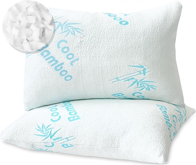 Cool Rayon of Bamboo Pillows 2 Pack Queen Size (20"x30") for Sleeping, Soft Shredded Adjustable Memory Foam Washable Zippered Breathable Cover, Relieves Neck Pain Asthma for Back/Stomach/Side Sleeper - LeafyLoom