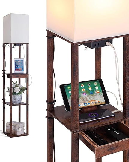 Floor Lamp with Shelves, Shelf Floor Lamps for Living Room with 2 USB Charging Ports 1 Power Outlet and Drawer, Modern Corner Square Display Standing Lamp 4-Tier Tall Bookshelf Lamp for Bedroom - LeafyLoom