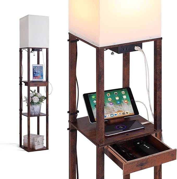 Floor Lamp with Shelves, Shelf Floor Lamps for Living Room with 2 USB Charging Ports 1 Power Outlet and Drawer, Modern Corner Square Display Standing Lamp 4-Tier Tall Bookshelf Lamp for Bedroom - LeafyLoom