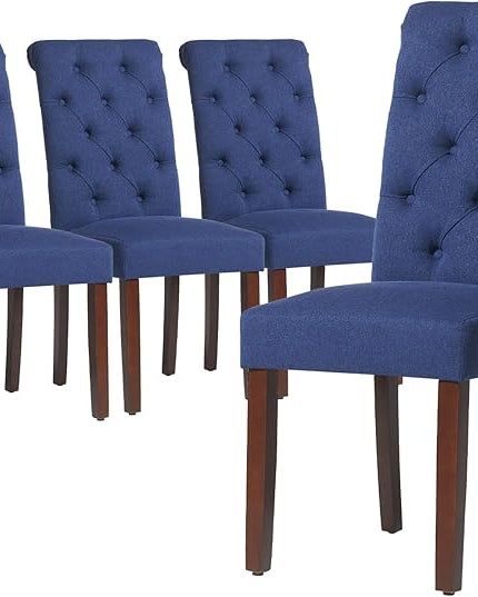 COLAMY Button Tufted Dining Chairs Set of 4, Parsons Upholstered Fabric Dining Room Chairs Kitchen Chairs with Wood Legs and Padded Seat, Dark Blue - LeafyLoom