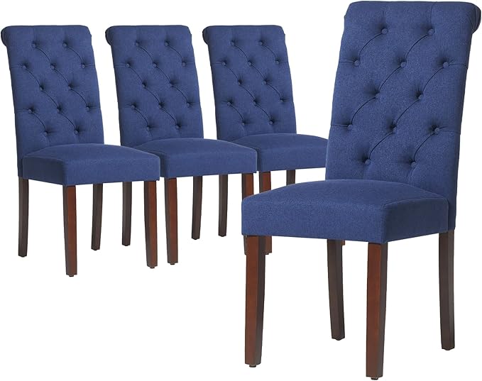 COLAMY Button Tufted Dining Chairs Set of 4, Parsons Upholstered Fabric Dining Room Chairs Kitchen Chairs with Wood Legs and Padded Seat, Dark Blue - LeafyLoom