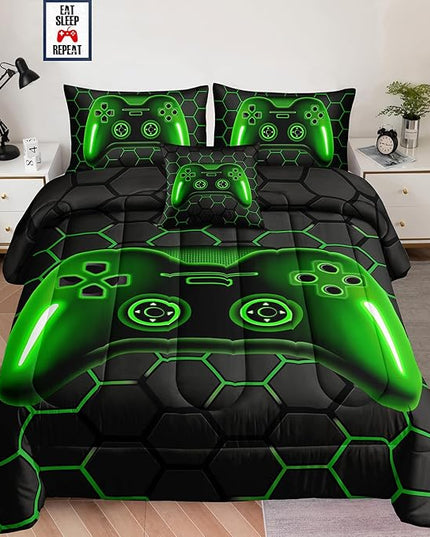 6 Pieces Bed in a Bag for Boys Bedding Sets Queen Size,Gamer Comforter Sets for Boys Kids, Gaming Comforter Set for Boys Room Decor with Flat Sheet,Fitted Sheet,Pillowcase,Cushion Cover - LeafyLoom