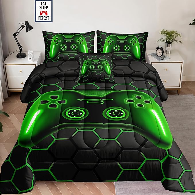 5 Pieces Bed in a Bag for Boys Bedding Sets Twin Size,Gamer Comforter Sets for Boys Kids, Gaming Comforter Set for Boys Room Decor with Flat Sheet,Fitted Sheet,Pillowcase,Cushion Cover - LeafyLoom