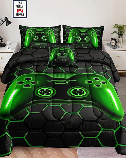 6 Pieces Bed in a Bag for Boys Bedding Sets Queen Size,Gamer Comforter Sets for Boys Kids, Gaming Comforter Set for Boys Room Decor with Flat Sheet,Fitted Sheet,Pillowcase,Cushion Cover - LeafyLoom