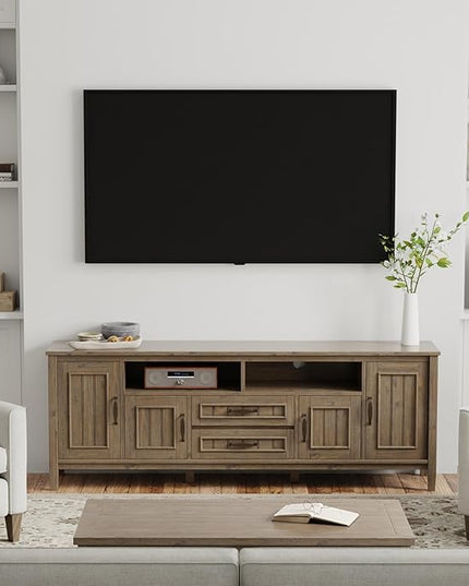 SIMPLIHOME Lev SOLID WOOD 72 Inch Wide Contemporary TV Media Stand in Smoky Brown for TVs up to 80 Inches, For the Living Room and Entertainment Center - LeafyLoom