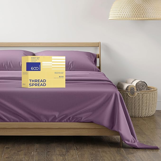 THREAD SPREAD Luxury King Size Sheets Set Egyptian Cotton - 600 Thread Count Sheets King 4 PC Luxury Sheets King Size, 16" Deep Pocket, Soft, Cooling Sateen Weave Hotel Luxury Bed Sheets Set - Plum - LeafyLoom