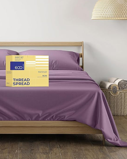 THREAD SPREAD 600 Thread Count Sheets Queen - 100% Egyptian Cotton Sheets Queen Size, 4 PC Luxury Sheets Queen Size, Soft, Sateen Cooling, Extra Long Staple 16" Deep Pocket Queen Bed Sheet Set - Plum - LeafyLoom