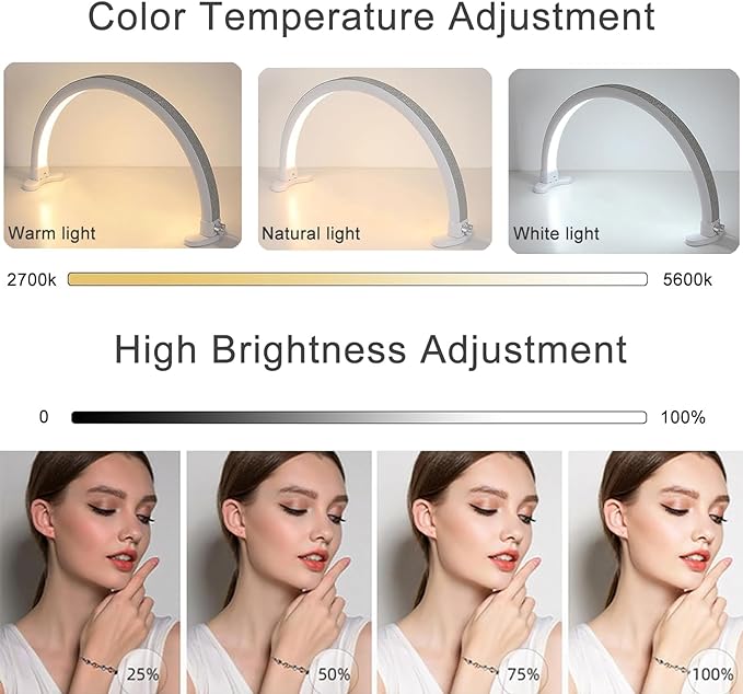 Half Moon Light with Phone Holder, 29 in 48W Nail Desk Lamp, Lash Light for Eyelash Tech, Makeup, Tattoo, Spa, Salon, Nail Tech Lamp with Stepless Dimming & Color Temperature(White) - LeafyLoom