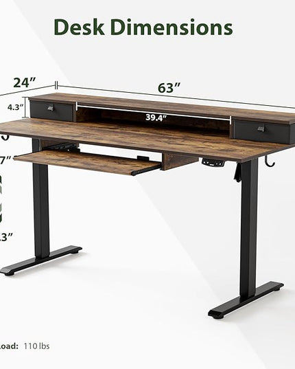 Electric Standing Desk with 2 Drawers and Keyboard Tray, 63 x 24 Inches Ergonomic Adjustable Height Desk with Storage, Sit Stand up Desk Computer Workstation, Rustic Brown - LeafyLoom