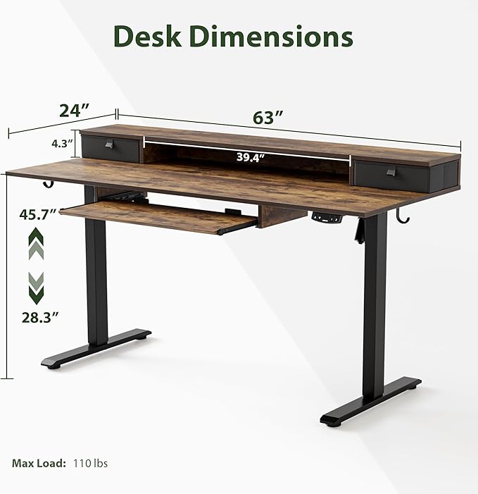Electric Standing Desk with 2 Drawers and Keyboard Tray, 63 x 24 Inches Ergonomic Adjustable Height Desk with Storage, Sit Stand up Desk Computer Workstation, Rustic Brown - LeafyLoom