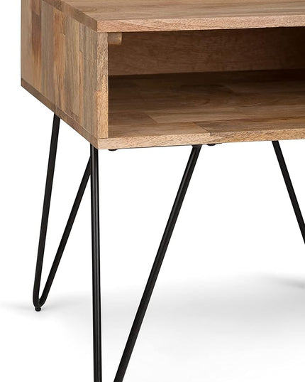 SIMPLIHOME Hunter Solid Mango Wood and Metal 22 inch wide Square Mid Century Modern End Side Table in Natural with Storage, 1 Shelf, for the Living Room and Bedroom - LeafyLoom