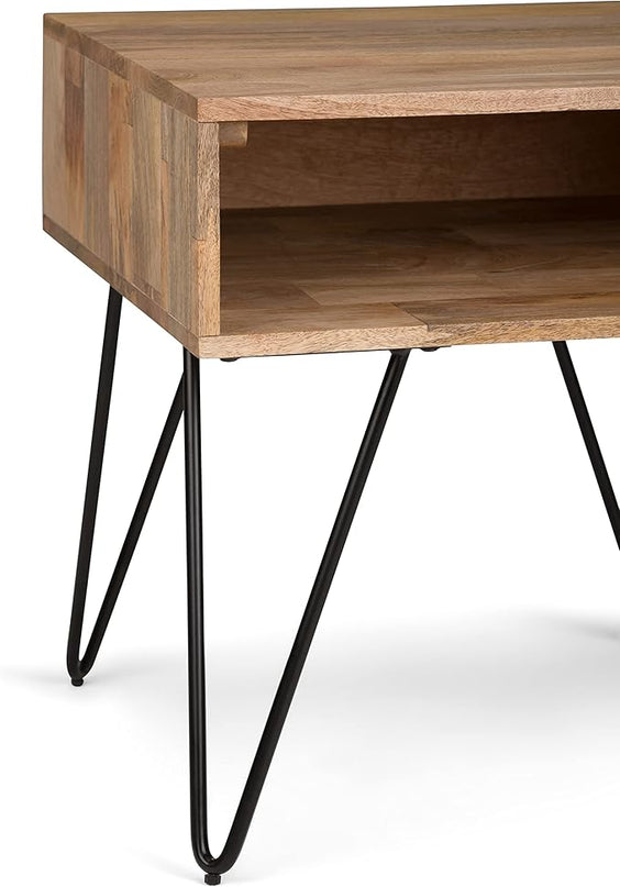 SIMPLIHOME Hunter Solid Mango Wood and Metal 22 inch wide Square Mid Century Modern End Side Table in Natural with Storage, 1 Shelf, for the Living Room and Bedroom - LeafyLoom