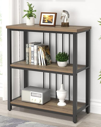 FOLUBAN Small Bookshelf and Bookcase, 3 Tier Open Book Shelf, Modern Metal and Wood Shelving Unit for Living Room Bedroom, Oak - LeafyLoom