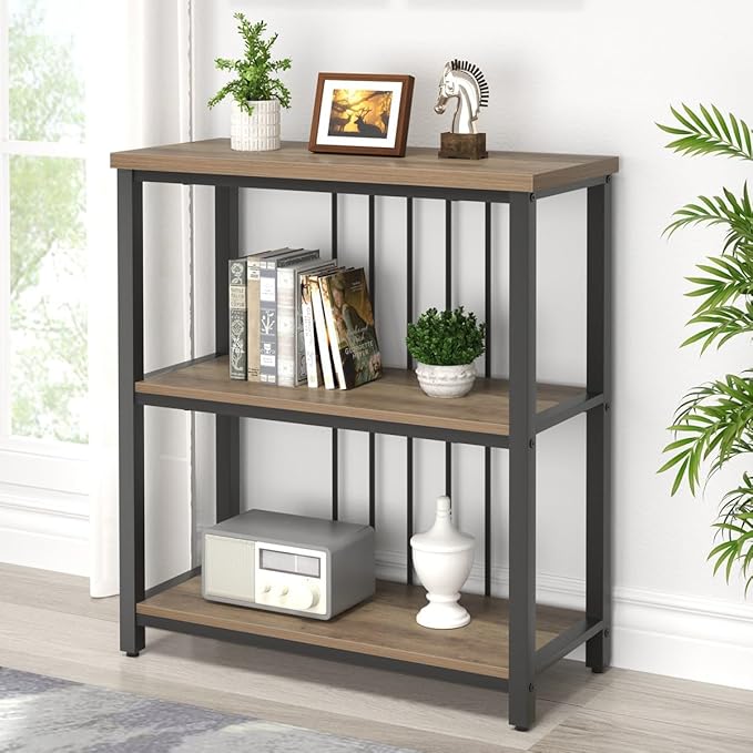 FOLUBAN Small Bookshelf and Bookcase, 3 Tier Open Book Shelf, Modern Metal and Wood Shelving Unit for Living Room Bedroom, Oak - LeafyLoom