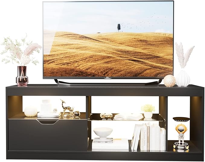 YESHOMY Modern LED TV Stand for Televisions up to 65+ Inch with Glass Shelves and Drawer, Gaming Entertainment Center with Multiple Dynamic RGB Modes, for Livingroom, Bedroom, 55 Inch, Pure Black - LeafyLoom