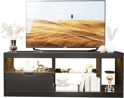 YESHOMY Modern LED TV Stand for Televisions up to 65+ Inch with Glass Shelves and Drawer, Gaming Entertainment Center with Multiple Dynamic RGB Modes, for Livingroom, Bedroom, 55 Inch, Black - LeafyLoom
