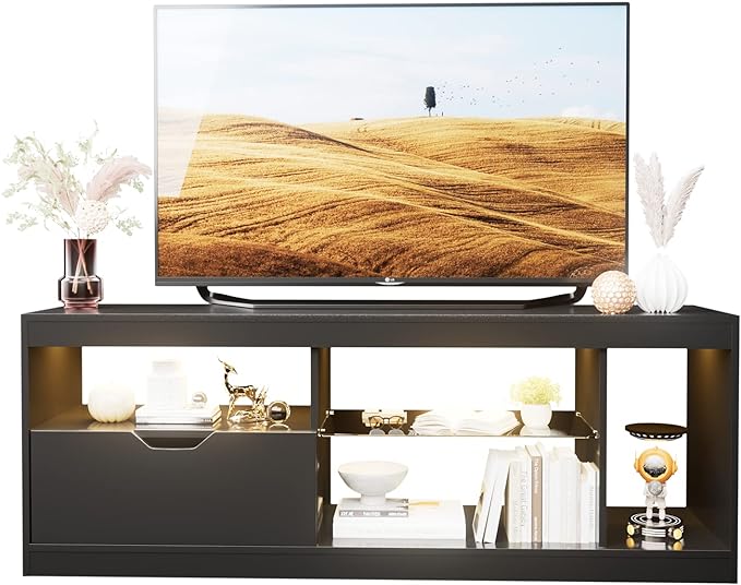 YESHOMY Modern LED TV Stand for Televisions up to 65+ Inch with Glass Shelves and Drawer, Gaming Entertainment Center with Multiple Dynamic RGB Modes, for Livingroom, Bedroom, 55 Inch, Black - LeafyLoom