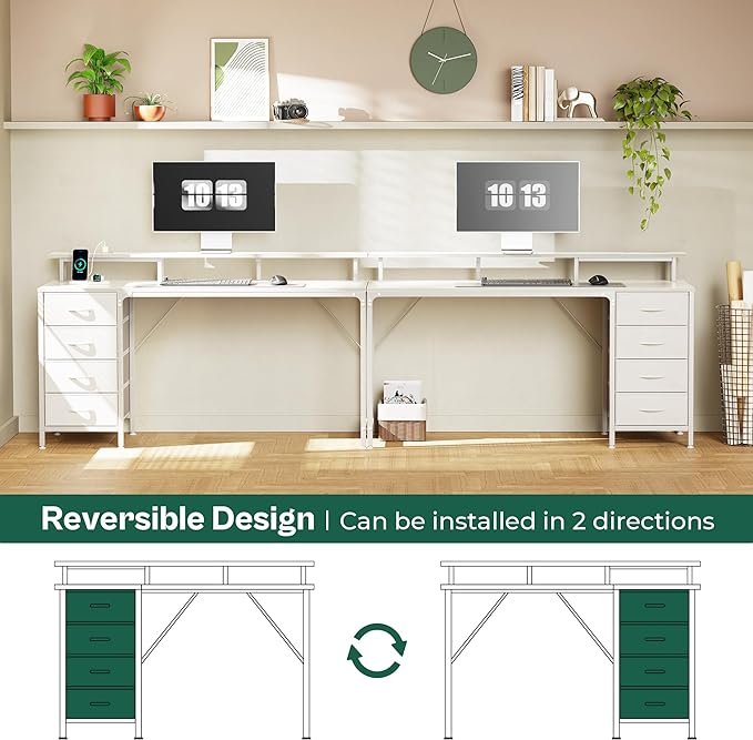 55 Inch Computer Desk with Power Outlets and LED Lights, Gaming Desk with 4 Drawers, Office Desk with Monitor Stand, Study Desk Work Desk for Home Office, White - LeafyLoom
