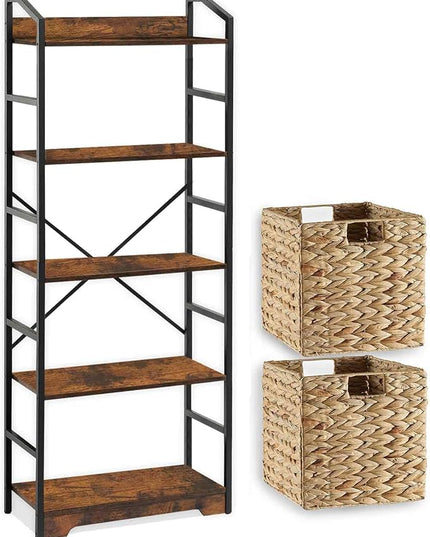 Vagusicc 5 Tier Bookshelf with 2 Storage Baskets, Tall Bookcase Shelf Storage Organizer Wood Book Shelf, Modern Shelf Rack Shelves with Steel Frame, Multipurpose Bookshelf for Bedroom Living Room - LeafyLoom