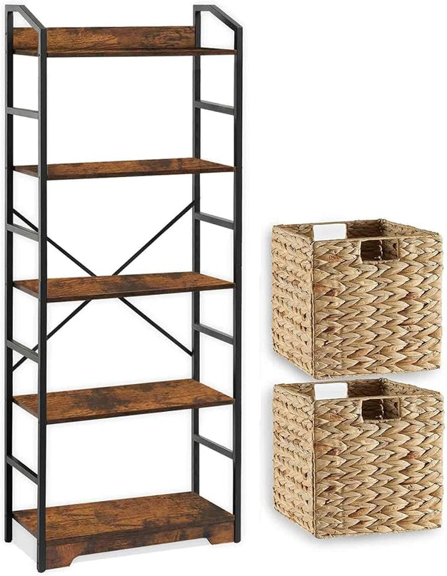 Vagusicc 5 Tier Bookshelf with 2 Storage Baskets, Tall Bookcase Shelf Storage Organizer Wood Book Shelf, Modern Shelf Rack Shelves with Steel Frame, Multipurpose Bookshelf for Bedroom Living Room - LeafyLoom