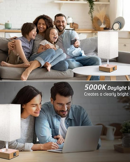 Small Bedside Lamps Set of 2, Fully Table Lamp for Bedroom Office, Nightstand Lamp with USB C+A Ports & AC Outlet, Square Beige Fabric Shade Wood Grain Metal Base(LED Blubs Included) - LeafyLoom