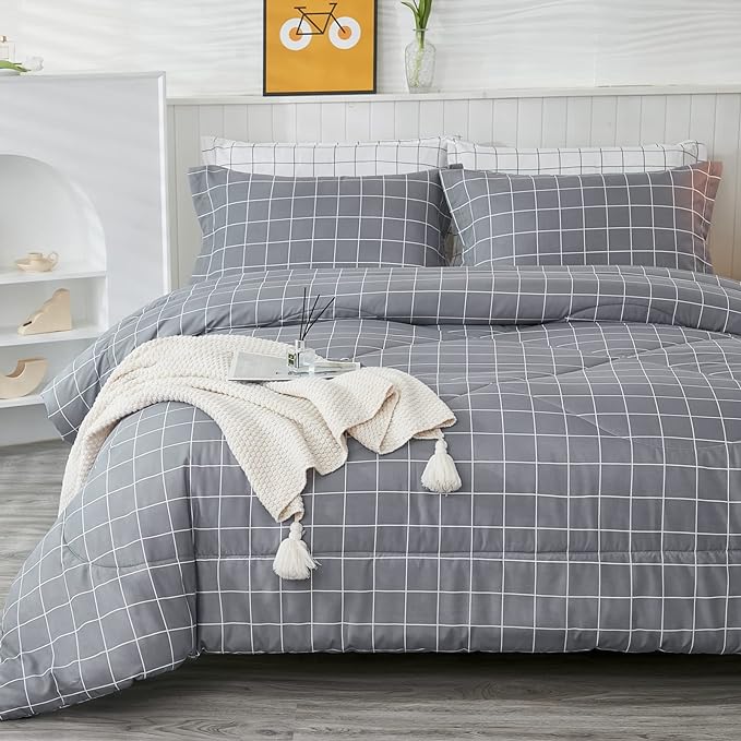 Andency Grey Grid Comforter Set Queen Size (90x90 inch), 3 Pieces (1 Grey Comforter and 2 Pillowcases), Summer Lightweight Microfiber Down Alternative Bedding Comforter Sets with White Lines - LeafyLoom