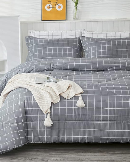 Andency Grey Grid Comforter Set Full Size (79x90 inch), 3 Pieces (1 Grey Comforter and 2 Pillowcases), Summer Lightweight Microfiber Down Alternative Bedding Comforter Sets with White Lines - LeafyLoom