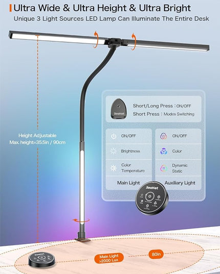 LED Desk Lamp with Clamp,Architect Desk Lamp for Home Office,24W Ultra Bright with RGB Atmosphere Lighting,Remote Control,5 Color Modes & 5 Dimmable Eye Protection for Monitor Studio Reading - LeafyLoom