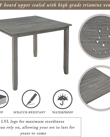 Industrial Wooden 4 Chairs, with High-Density Foam Burlap Upholstered Cushions, Living Room, and Kitchen, Easy to Assemble, Grey, 5 Piece Dining Table Set, Gray 3 - LeafyLoom