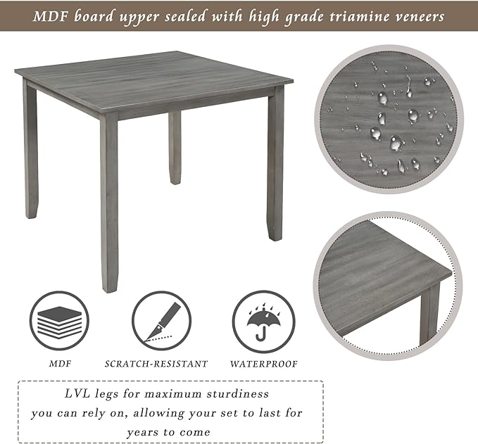 Industrial Wooden 4 Chairs, with High-Density Foam Burlap Upholstered Cushions, Living Room, and Kitchen, Easy to Assemble, Grey, 5 Piece Dining Table Set, Gray 3 - LeafyLoom