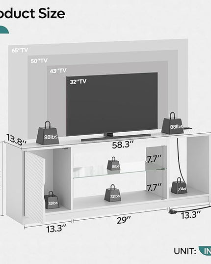 Bestier LED TV Stand with Power Outlets for 55/60/65 Inch TV, Gaming Entertainment Center with Cabinet for PS5, Modern TV Cabinet with Adjustable Glass Shelves for Bedroom 58 Inch Carbon Fiber White - LeafyLoom