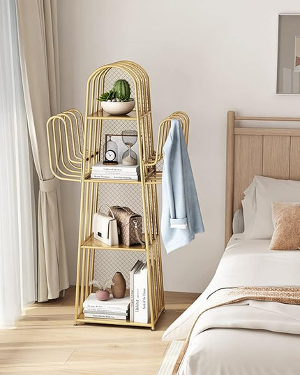 DOORXIF 4-Tier Gold Bookshelf Freestanding, Cactus Bookcase 4 Cube Storage Organizer Closet Corner Metal Display Cabinet, Corner Bookshelf for Small Spaces, Gold Bookcase for Bedroom Office - LeafyLoom