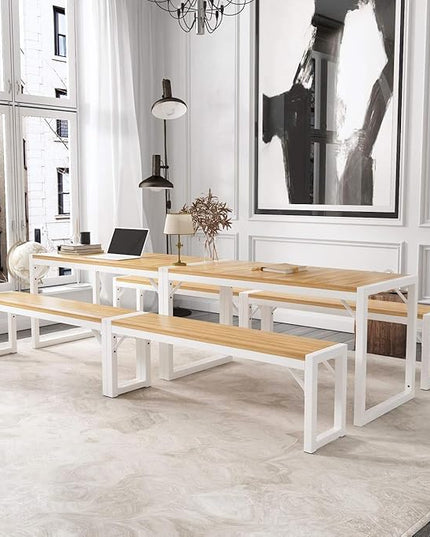 Allewie 3-Piece Kitchen Dining Table Sets with Benches, Sturdy Triangle Structure, Space-Saving, Multifunctional for Dining Room/Living Room/Studio, Maple Brown & White - LeafyLoom