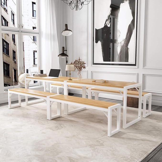 Allewie 3-Piece Kitchen Dining Table Sets with Benches, Sturdy Triangle Structure, Space-Saving, Multifunctional for Dining Room/Living Room/Studio, Maple Brown & White - LeafyLoom