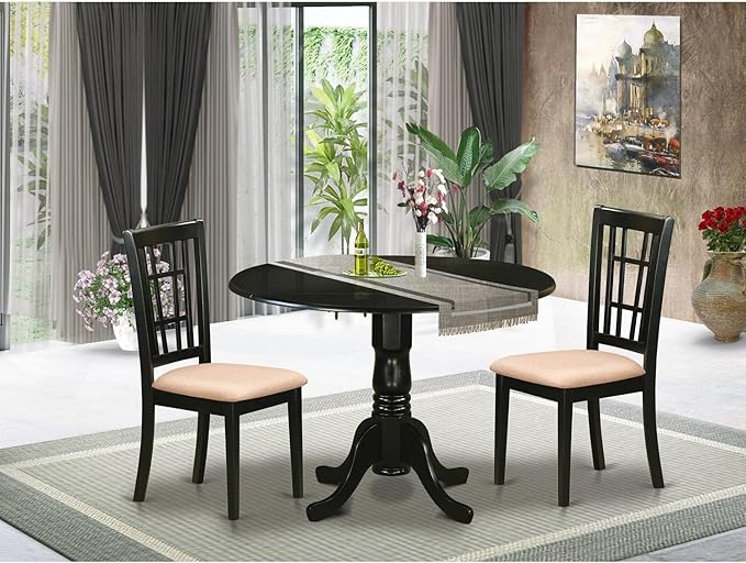 East West Furniture DLNI3-BLK-C 3 Piece Set Contains a Round Dining Room Table with Dropleaf and 2 Linen Fabric Upholstered Kitchen Chairs, 42x42 Inch - LeafyLoom