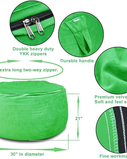 Bean Bag Chair Cover, Stuffed Animal Storage, Plush Toys Organizer Holder, Beanbag Chairs Cover for Kids Teans and Adults Super Soft and Comfortable Fabric X-Large with Handle and Zipper -Round Green - LeafyLoom
