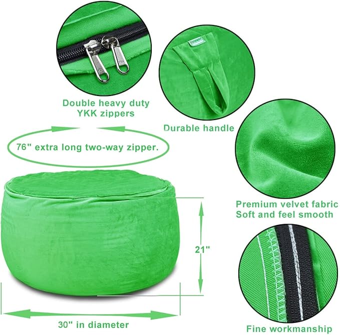 Bean Bag Chair Cover, Stuffed Animal Storage, Plush Toys Organizer Holder, Beanbag Chairs Cover for Kids Teans and Adults Super Soft and Comfortable Fabric X-Large with Handle and Zipper -Round Green - LeafyLoom