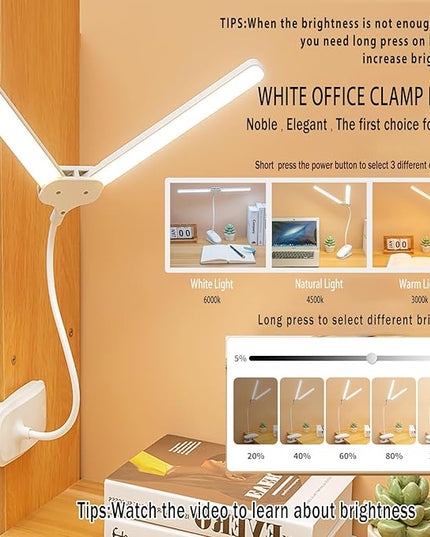 Dual Head LED Desk Lamp with Clamp, Eye-Caring Clip on Lights for Home Office, 4000mAh Rechargeable Battery Operated Table Lamps,3 Lighting Modes & Brightness Dimmer Light for Kids Students - LeafyLoom