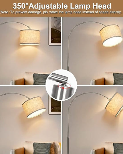 Floor Lamp for Living Room, Dimmable Arc Floor Lamp with Adjustable Head, Silver Finish Modern Floor Lamp, Over Couch Tall Standing Hanging Lights for Reading, Bedroom, Office, 9W 3000K Bulb Included - LeafyLoom