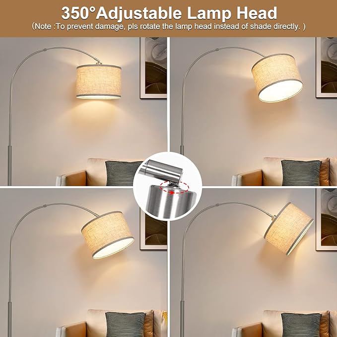 Floor Lamp for Living Room, Dimmable Arc Floor Lamp with Adjustable Head, Silver Finish Modern Floor Lamp, Over Couch Tall Standing Hanging Lights for Reading, Bedroom, Office, 9W 3000K Bulb Included - LeafyLoom