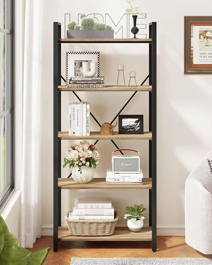 FATORRI 5 Tier Bookshelf, Industrial Wood and Metal Book Shelves for Display, Tall Etagere Bookcase and Rustic Shelving Unit (Rustic Oak) - LeafyLoom