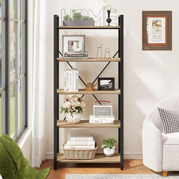 FATORRI 5 Tier Bookshelf, Industrial Wood and Metal Book Shelves for Display, Tall Etagere Bookcase and Rustic Shelving Unit (Rustic Oak) - LeafyLoom
