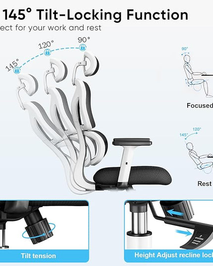 Sytas Ergonomic Office Chair, High Back Mesh Desk Chair with Lumbar Support and Adjustable Headrest, Executive Swivel Computer Chair for Home Office, Tilt Function, White - LeafyLoom