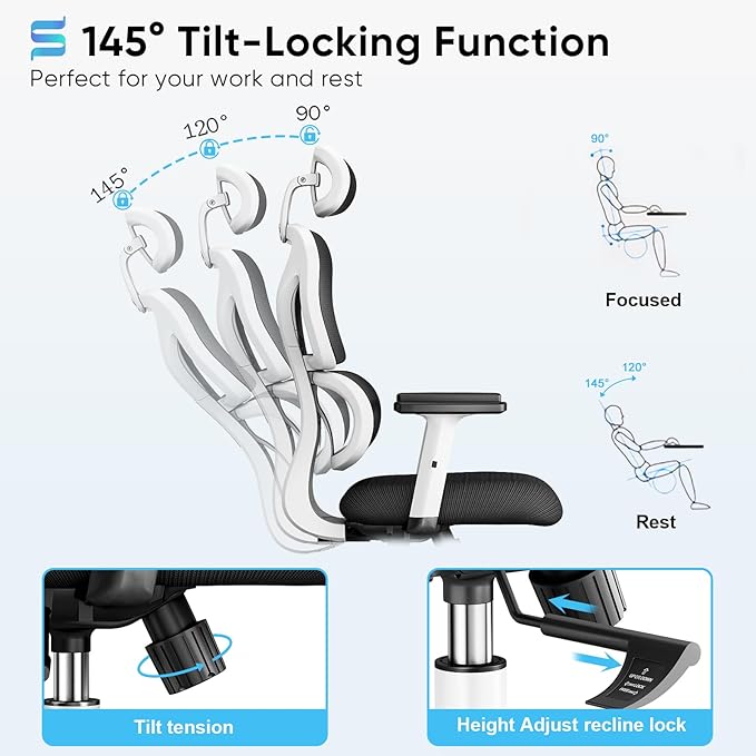 Sytas Ergonomic Office Chair, High Back Mesh Desk Chair with Lumbar Support and Adjustable Headrest, Executive Swivel Computer Chair for Home Office, Tilt Function, White - LeafyLoom